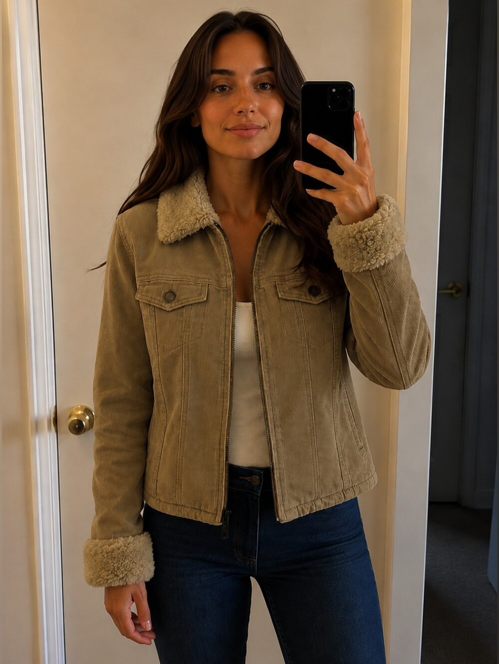 Abercrombie & Fitch Y2K Corduroy Tan Fur Lined Jacket Medium